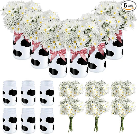 Daifunli 6 Set Cow Party Centerpieces for Table Cow Print Mason Jar Table Decor with Artificial Daisy Baby's Breath Red Gingham Ribbon for Picnic Farm Birthday Party Baby Shower Wedding Decor