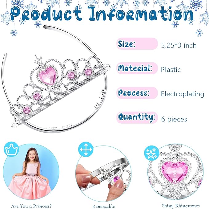 Chalyna 12 Pcs Princess Crowns Tiara Wand for Little Girl Silver Heart Jewel Plastic Tiara Winter Gift for Birthday(Pink,Heart Style)