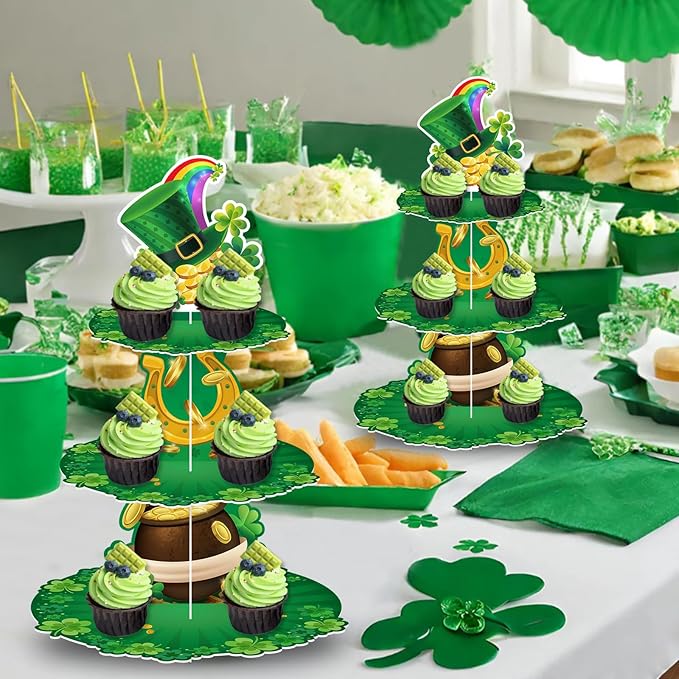 3 Tier St. Patrick's Day Cupcake Stand Shamrock Cardboard Display Stand Green Irish Cupcake Holder for St. Patrick's Day Party Decorations
