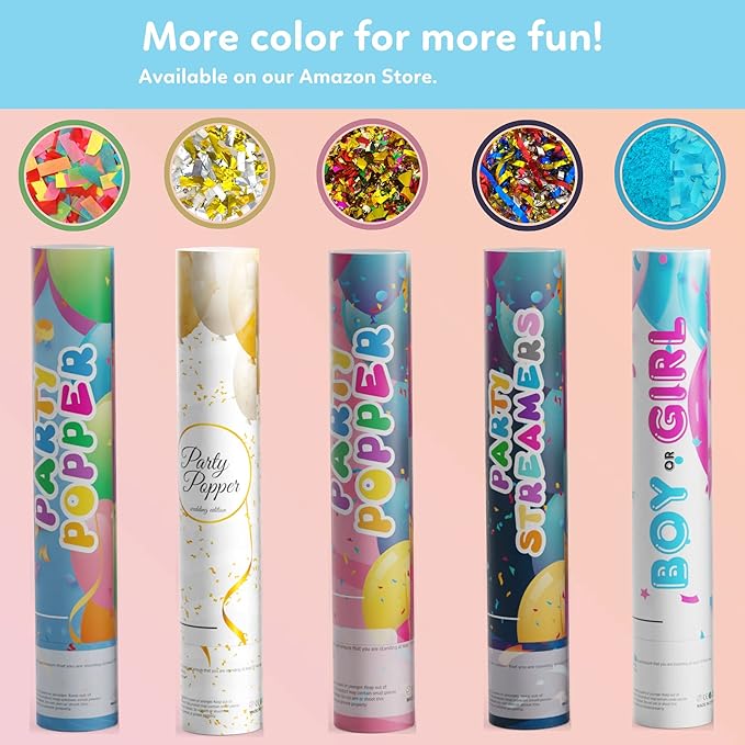 No Mess Streamer Confetti Cannon Party Poppers | 2 Pack | Multicolor Streamers | Glitter Bomb Confetti Shooters | Decoration for Birthday, Wedding | Launches 25 ft | 12 inch | TUR Party Supplies