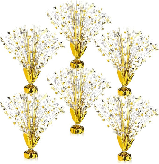 Canlierr 6 Pcs Metallic Foil Spray Centerpiece Party Happy Birthday Gold and Silver Small Star Table Decorations Burst Centerpieces with Emerald Willow Suitable for Birthday Party Season Holiday