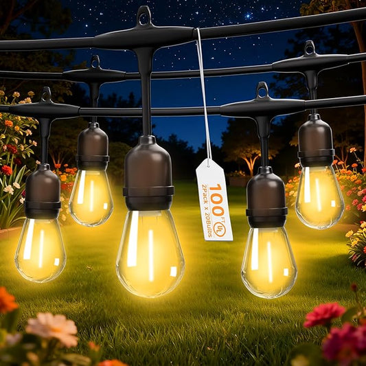 Outdoor Safety String Lights 100FT - Commercial Grade Low Voltage Strand with 40 S14 Shatterproof Bulbs for Tree Garden Yard bistro Cafe | Warm Yellow 3500K Party Lights | IP65 Waterproof | UL Listed