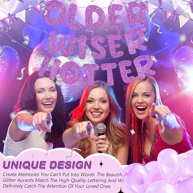 Fulmoon Set of 3 Pre Strung Older Wiser Hotter Glitter Banner Funny Birthday Banner for Women 30th 40th 50th 60th 70th 80th Birthday Party Decorations Sign Gift(Light Purple)