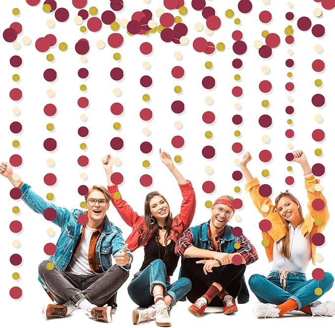 Outus 10 Pieces Maroon,Gold Round Dots Garland Graduation Party Hanging Decor Each Length 13.1ft Glitter Paper Dot Streamers for Birthday Wedding Classroom Supplies