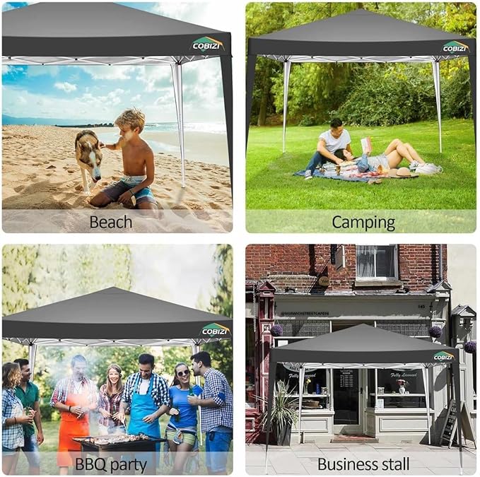 COBIZI 10x10 Pop Up Canopy Tent with 4 Sandbags, Easy Set Up Gazebo, Instant Outdoor Sun Shade &Waterproof Canopy with 8 Stakes,4 Ropes&Carry Bag, Tents for Parties, Beach, Backyard,Camping(Black