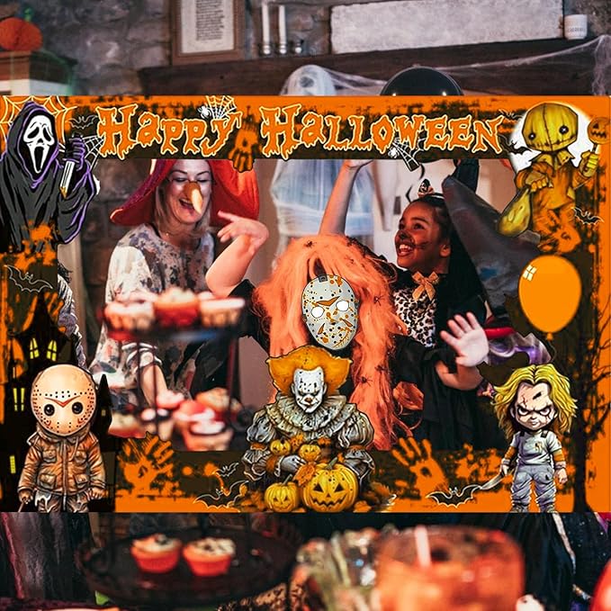 Halloween Photo Booth Props Kit – 16 Pcs Party Selfie Frame and Photo Props for Indoor Outdoor Decorations, Pumpkin Ghost Bat Designs for Halloween Events (Orange)