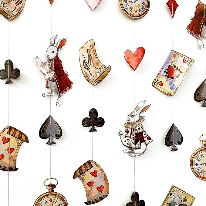 Vintage Wonderland Party Decorations Retro Bunny Poker Pocket Watch Mad Hat Hanging Streamer Garland Banner for Vintage Easter Spring Birthday Baby Shower Bachelorette Tea Party Decorations Supplies