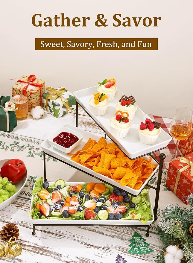 3 Tiered Serving Stand, Foldable Rectangular Food Display Stand with White Platters - Serving Trays, Dessert Display Server for Brithday Party, Valentine's Day and Events