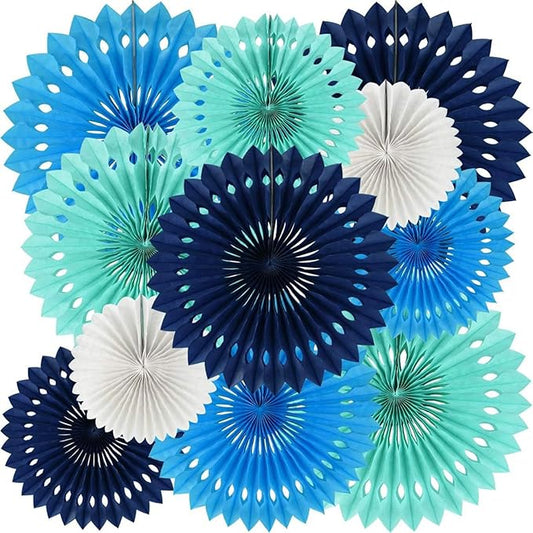 Blue White Hanging Honeycomb Round Paper Fans Decoration Kit for Baby Boy Shower Birthday Navy Ocean Wedding Under The Sea Theme Photo Booth Backdrops Paper Party Supplies 11 Count