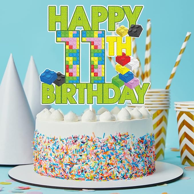 Happy 11th Birthday Building Block Cake Topper - Puzzle Games Boy's 11th Birthday Party Green Cake Topper Supplies - Building Block Party Decoration For Boy