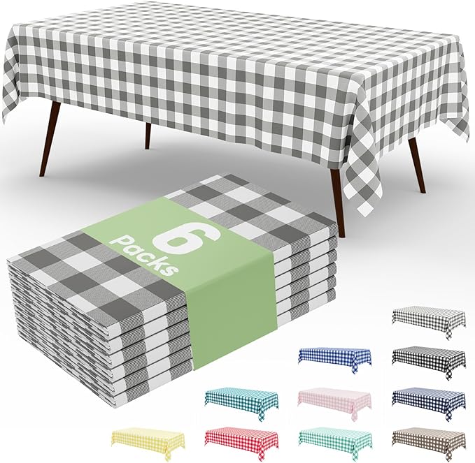 misaya 6 Packs Buffalo Disposable Table Cloth, 54 x 108 Inch Waterproof Plastic Tablecloth, Rectangle Grey and White Checkered Table Covers for Picnic, Birthday, Party