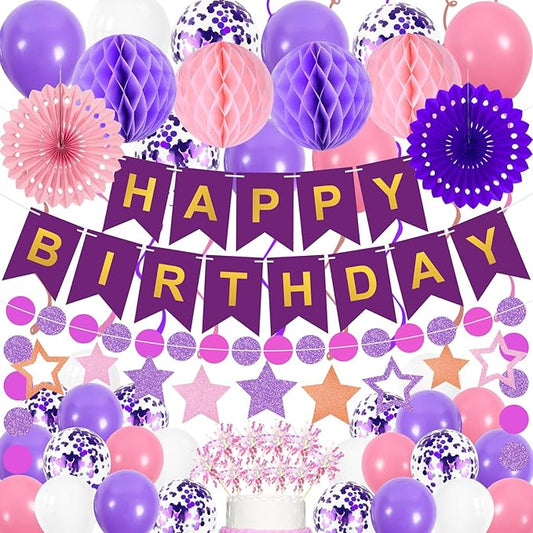 69Pcs Birthday Decorations Purple Happy Birthday Banner Balloons Honeycomb Balls Paper Fans Hanging Swirl Stars Garland Cupcake Toppers Party Decorations for Women Men