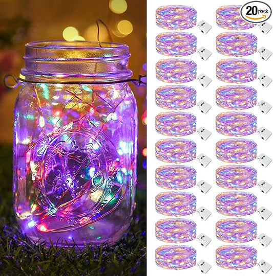 btfarm 20 Pack Fairy Lights Battery Operated [3 Modes], 7ft 20 Led Twinkle Lights String Lights Waterproof Bulk Small Mini Silver Wire for Mason Jars Vases Wedding Table Centerpiece, Colorful