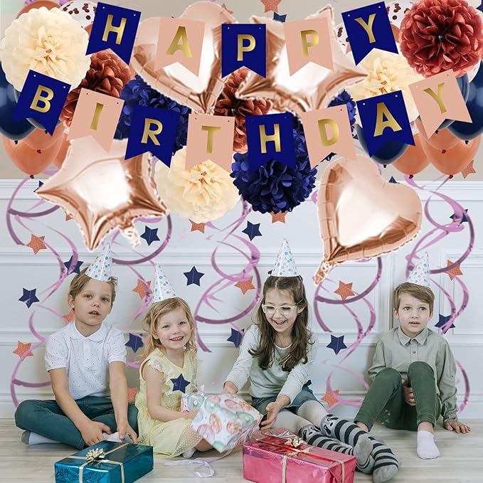 ZERODECO Navy Blue & Rose Gold Birthday Party Decorations - Happy Birthday Banner, Paper Pompoms, Balloons for Boys, Girls, Men & Women