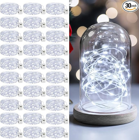litogo 30 Pack 7FT 20 LED Fairy Lights Battery Operated, 3 Lighting Modes, Bulk Mini Twinkle String Lights Waterproof Silver Wire for Weddings Mason Jars Party Christmas Decorations-Cold White