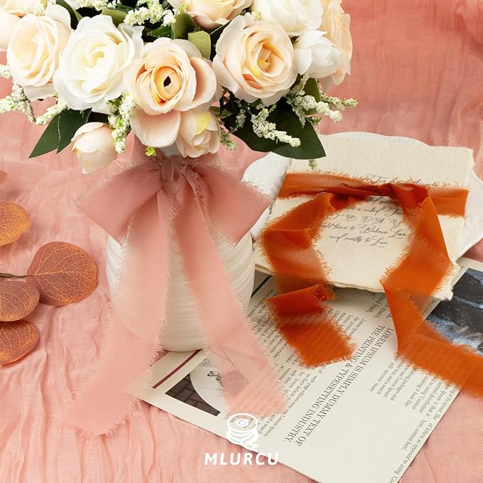 Terracotta Chiffon Ribbon 1.5 Inch x 21Yds Handmade Fringe Chiffon Silk Ribbon Dusty Pink/Cream Frayed Chiffon Ribbon for Thanksgiving Wedding Invitation Flower Bouquets Bridal Shower Gift Wrapping