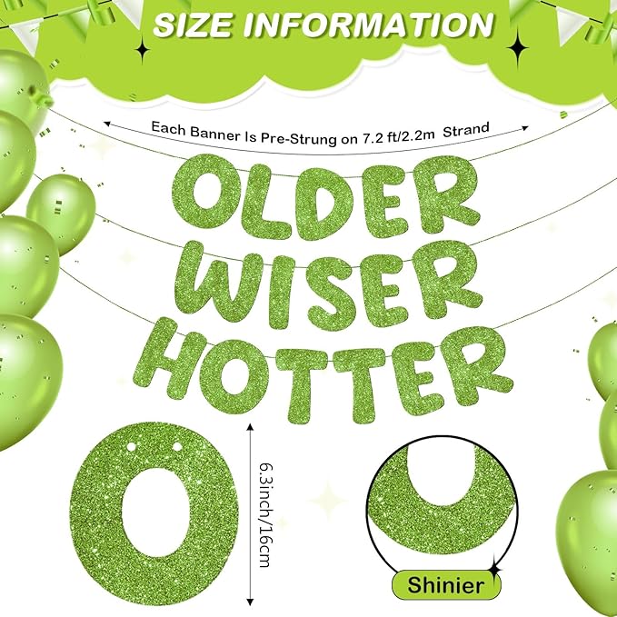 Fulmoon Set of 3 Pre Strung Older Wiser Hotter Glitter Banner Funny Birthday Banner for Women 30th 40th 50th 60th 70th 80th Birthday Party Decorations Sign Gift(Grass Green)