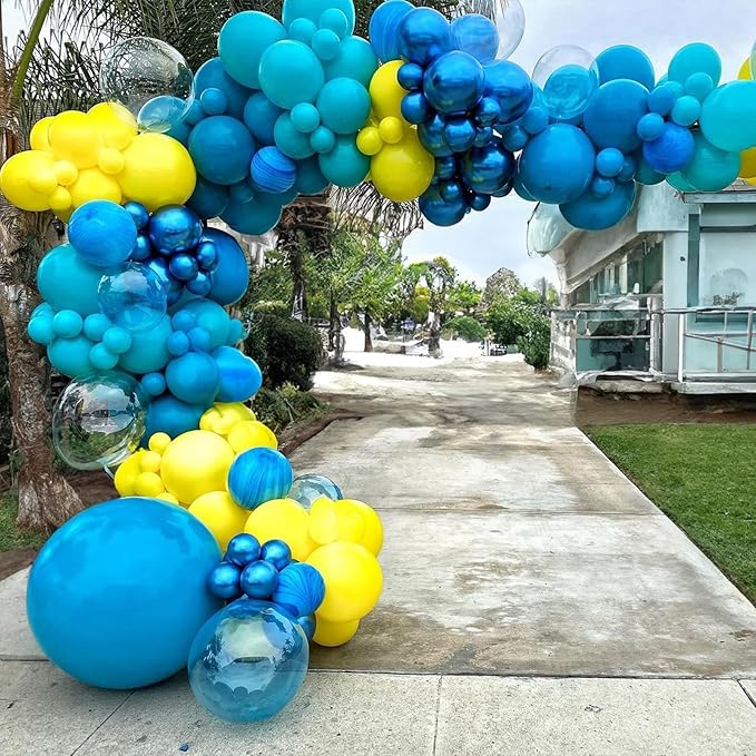 HILAVO Yellow Blue Clear Balloons 12 Inch 60 Pcs Blue Cartoon Balloon Teal Blue and Yellow Party Latex Balloons Transparent for Kids Birthday Ocean Baby Shower Party Decorations