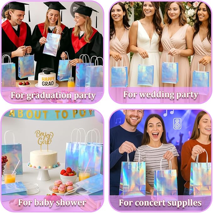 LIQWEI 36PCS Iridescent Gift Bags with Handles, Holographic Party Favor Bag Reusable Glitter Foil Paper Candy Goodie Bag Gift Handbag for Disco Wedding Graduation Birthday Party (8.6x6.3x3.2 Inch)