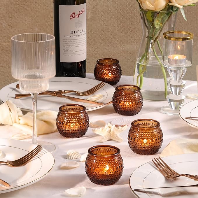32 Pcs Amber Votive Candle Holders, Round Amber Glass Candle Holder with Polka Dot Embossed, Vintage Votive Candle Holders for Weddings, Home Decor, Baby Shower, Special Occasions