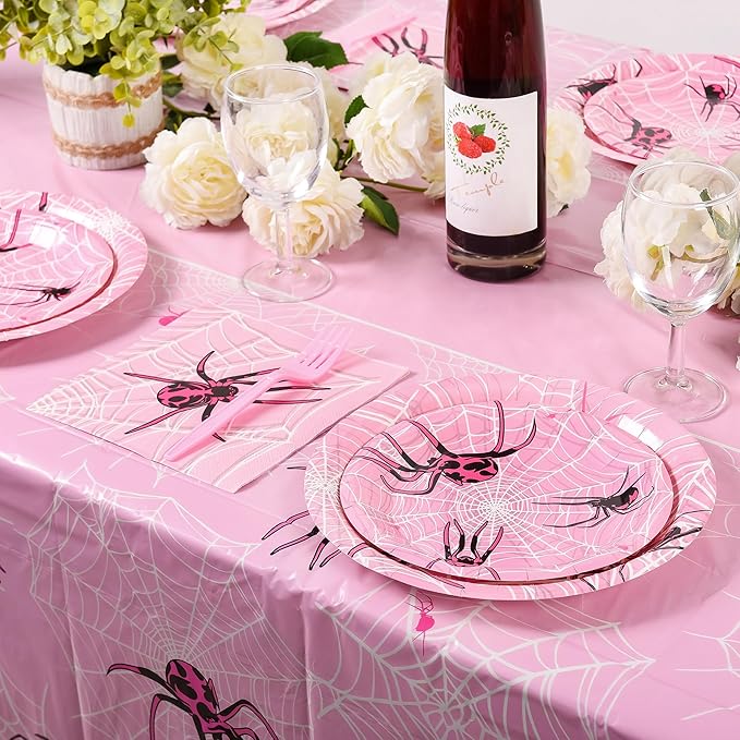 96 Pcs Pink Ghost Spider Party Supplies Disposable Tableware Set Serve 24 Guests Include Spider Web Paper Plates and Napkins Plastic Forks for Birthday Party Baby Shower Halloween Decorations(Pink)