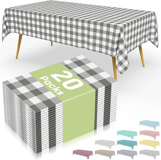 Smiry 20 Packs Gingham Disposable Table Cloth, 54 x 108 Inch Waterproof Plastic Tablecloth, Rectangle Grey and White Checkered Table Covers for Picnic, Birthday, Party