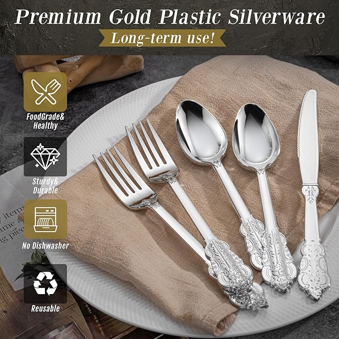 WDF 200 Pieces Silver Plastic Silverware Disposable - 50Guests Silverware Plastic Cutlery - Disposable Utensils Includes 100 Forks, 50 Spoons, 50 Knives Perfect for Christmas Wedding or Party