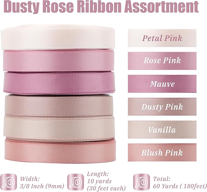 MAYREEL 3/8 Inch Dusty Rose Satin Ribbon Blush Pink Ribbon Thin for Gift Wrapping Crafts Wedding Bridal Shower Valentine's Day Decorations 6 Rolls Assortment 10 Yards Each Color Total 60 Yards