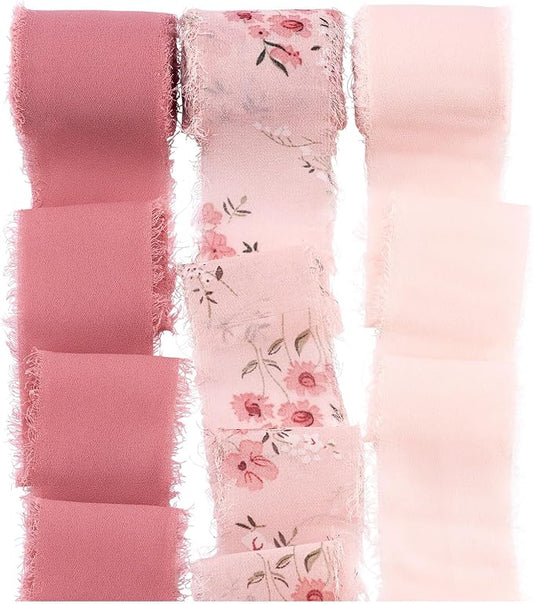Beadthoven 16.41 Yards Chiffon Silk Ribbon for Gift Wrapping 1-5/8 Rustic Pink Frayed Fringe Chiffon Mixed Color Fabric Ribbon for Wedding Invitations Christmas Wreath Party Favor Bridal Shower