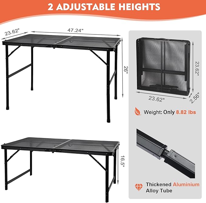 GREGIN Camping Table with Mesh Desktop, Lightweight & Portable Folding Grill Table, Height Adjustable Metal Outdoor Table for Camp, Cooking, BBQ, RV, Picnic-4 FT Black