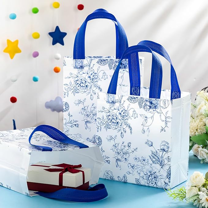 Sweetude 16 Pcs Bridesmaid Gift Bags Blue White Floral Gift Bags with Handle Flower Party Favor Non-woven Reusable Tote for Wedding Birthday Baby Shower Engagement DIY Shopping