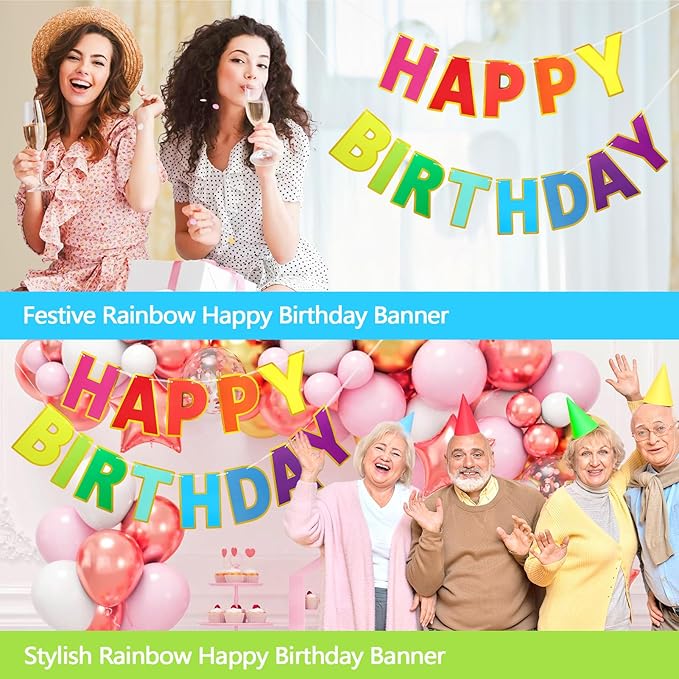 Happy Birthday Banner - 9 ft Pre-Strung Backdrop Sign for Women, Men, Girls, Boys - No DIY Colorful Birthday Decorations & Party Supplies