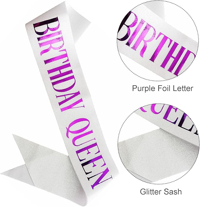 Birthday Queen Sash, Purple Foil Letter Glitter White Birthday Sash for Women 21st 30th 40th 50th 60th Gifts Fun Bday Party Favors Decorations