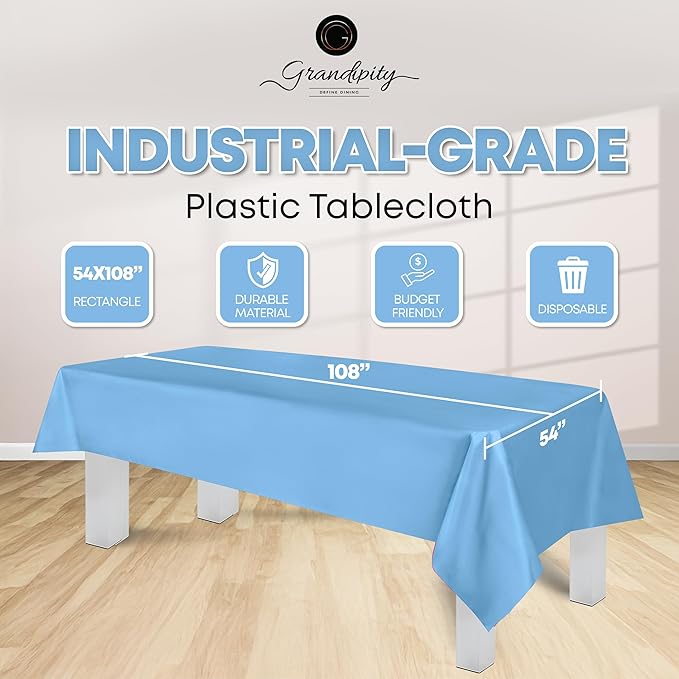 Grandipity Sky Blue Plastic Table Cloth Disposable (6 Pk) 54in x 108in Plastic Tablecloths for Rectangle Tables - Premium Party Table Cloths Disposable for 6ft to 8ft Rectangle Tables