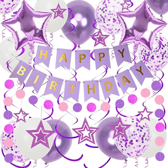 Purple Birthday Decorations, Happy Birthday Banner and Purple Star Balloons, Glitter Hanging Stars with Hanging Swirls, Circle Dot Paper Garland, for Women Girls Party Decoration
