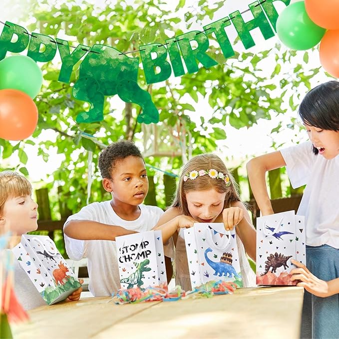 WERNNSAI Watercolor Dinosaur Party Favor Bags - 16 Pack Dinosaur Birthday Party Goodies Bag for Boys Kids Dino Birthday Favors Dino Candy Treat Bag with Handle for Baby Shower Celebration Supply