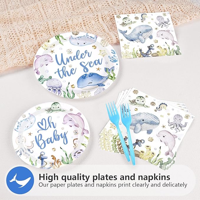 96Pcs Under The Sea Supplies Ocean Theme Party Plates and Napkins Disposable Sea Life Tableware Set Under The Sea Party Decoration for Underwater World Birthday Party Serve 24