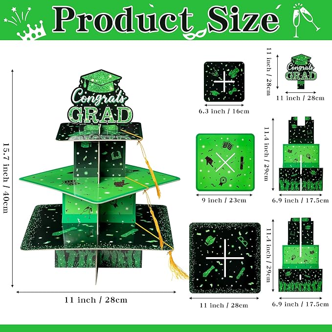 Haooryx Graduation Cupcake Stand Decoration - 3-Tier Black Green Graduate Cap Cupcake Tower with Tassel Cardboard Dessert Holder Kindergarten Primary High School College Graduation Party Table Decor