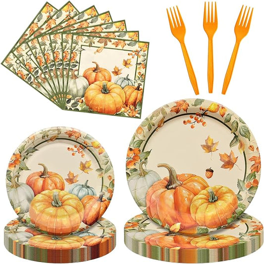 96 Pcs Thanksgiving Pumpkin Tableware Set – Disposable Fall Harvest Dinnerware with Rustic Paper Plates, Napkins, and Orange Forks for Thanksgiving Dinner, Friendsgiving, and Autumn Party – Serves 24