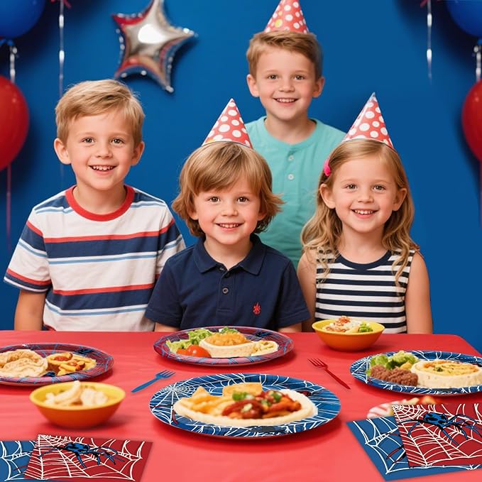 96 Pcs Spider Party Supplies Disposable Tableware Set Serve 24 Guests Include Spider Web Paper Plates and Napkins Plastic Forks for Birthday Party Baby Shower Halloween Decorations(Classic)