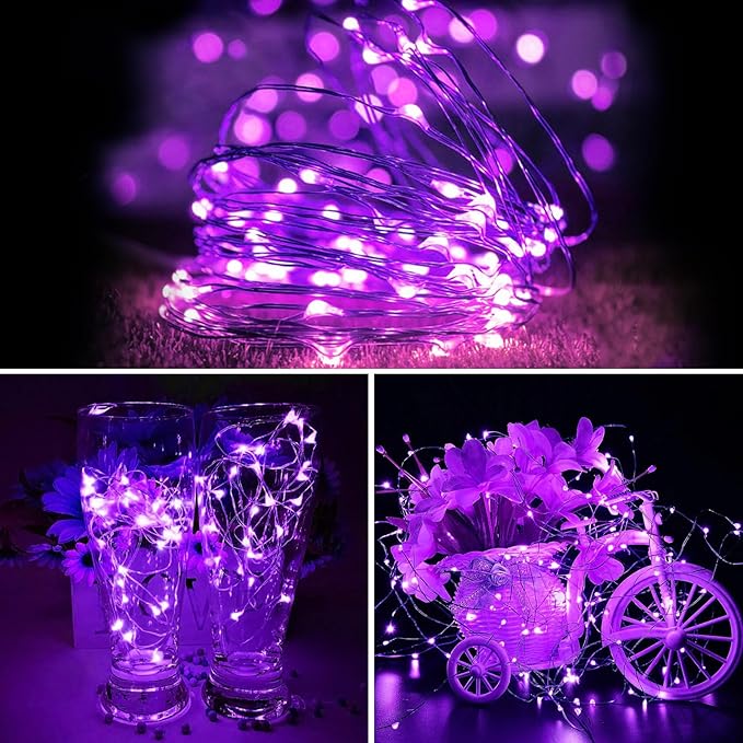 100 Pack Fairy Lights Battery Operated, 7FT 20 Mini LED Silver Wire Twinkle Lights for DIY, Parties, Wedding, Bedroom, Christmas Decoration (Purple)