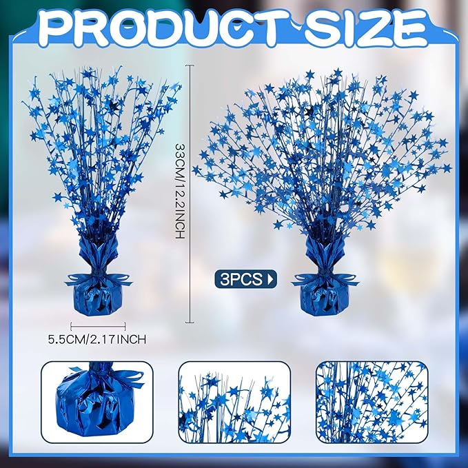 Crowye 3 Pieces Metallic Foil Spray Centerpiece Birthday Table Decoration Star Burst Centerpieces Graduation Table Decor for Birthday 2026 Party Holiday(Blue)