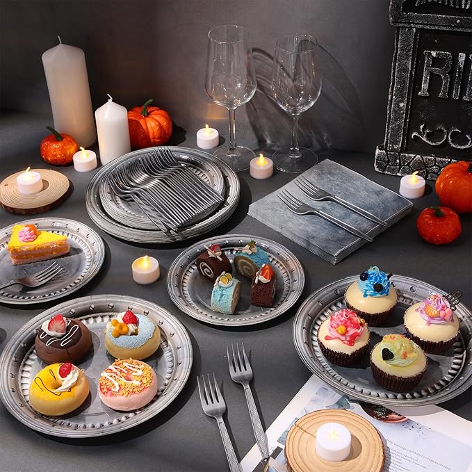 Jingmore 180 Pcs Medieval Party Supplies Disposable Pewter Paper Plates and Forks Tableware Set for Pirate Knight Castle Halloween Decorations Dinner Silver Grey 9" and 7'' Serves 60（Classic Style）