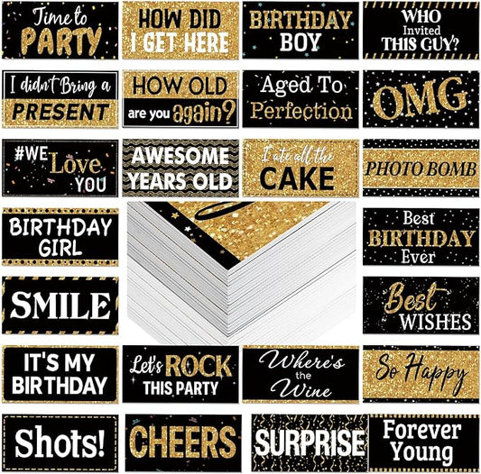 Beeveer 24 Designs Birthday Photo Booth Props Double Sided 11x5.5 Inch Happy Birthday Photo Booth Props 40th 50th 60th Funny Holiday Graduation Wedding Party Favors Supplies DIY Waterproof Selfie Sign