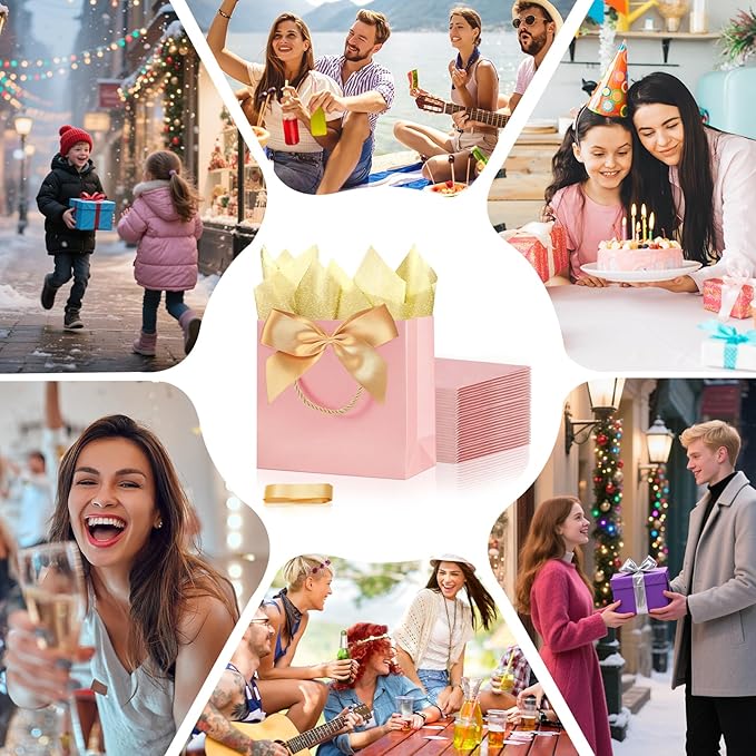 SHIPKEY 10PCS Pink Gift Bags, 11"x4"x8" Medium Welcome Bags, Luxury Shopping Bags with Ribbon Handle and Bows (28x10x20cm)