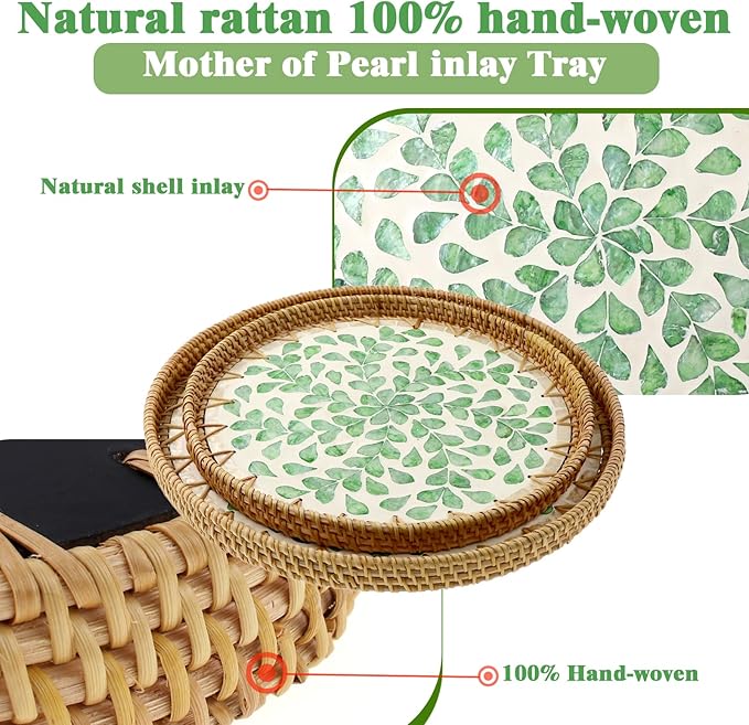 Round Rattan Tray with Mother of Pearl Inlay, Handwoven Wicker Coffee Table Serving Basket Tray for Fruit Snack Party Picnic Cafe Bedroom Kitchen Home Decor Set of 2 (Green Willow)