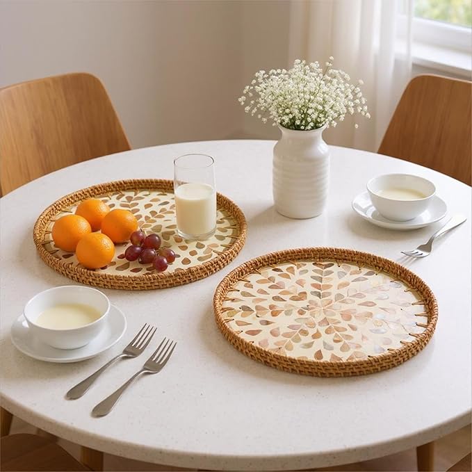 Round Rattan Tray with Mother of Pearl Inlay, Handwoven Wicker Coffee Table Serving Basket Tray for Fruit Snack Party Picnic Cafe Bedroom Kitchen Home Decor Set of 2 (Apricot Willow)