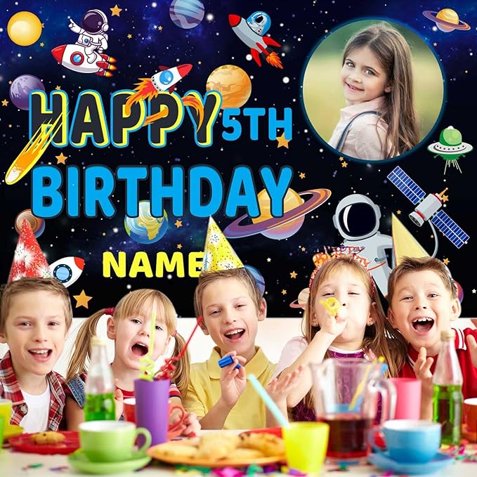 Custom Space Galaxy Astronaut Happy Birthday Party Decorations Supplies Personalized Outer Space Galaxy Astronaut Planet Birthday Backdrop Banner(6x9ft)