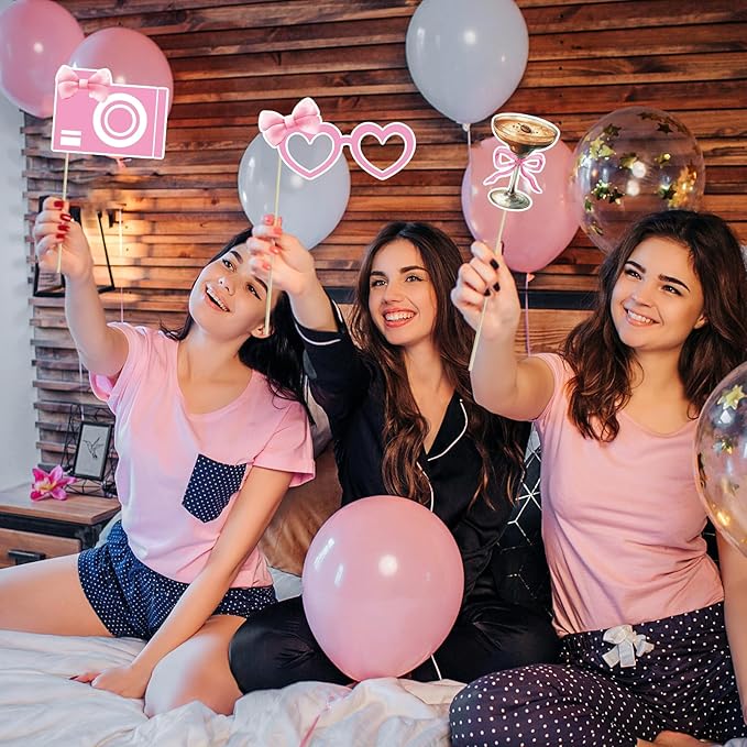 Pink Bow Party Decorations Photo Booth Props Signs,25pcs Pink Bow Birthday Decorations Selfie Props with Sticks for Women Coquette Birthday Decorations Supplies Decor Favors