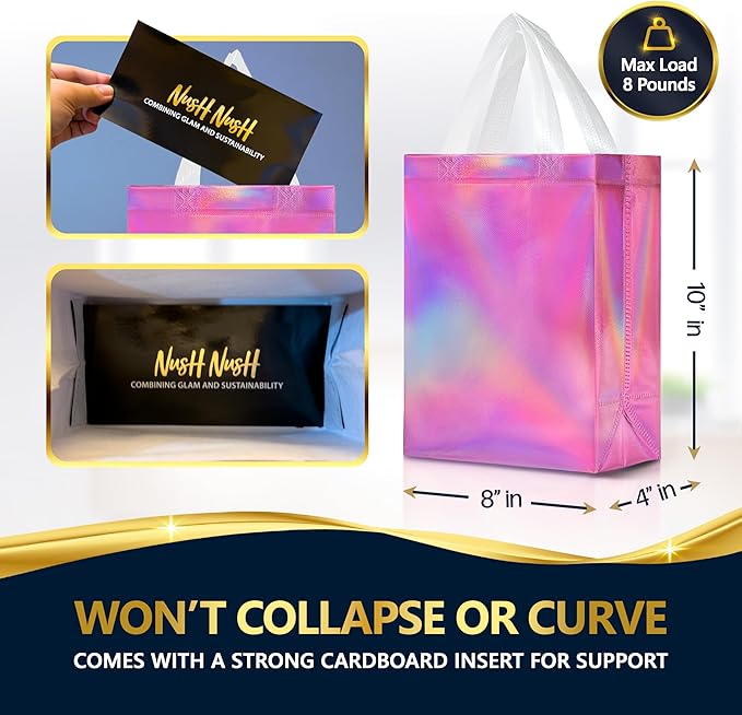 Nush Nush Pink Iridescent Gift Bags Bulk Medium Size – Set of 30 Reusable Holographic Pink Gift Bags Bulk With Handles - For Small Business, Bridal Shower, Birthday Party Favor, Christmas – 8x4x10